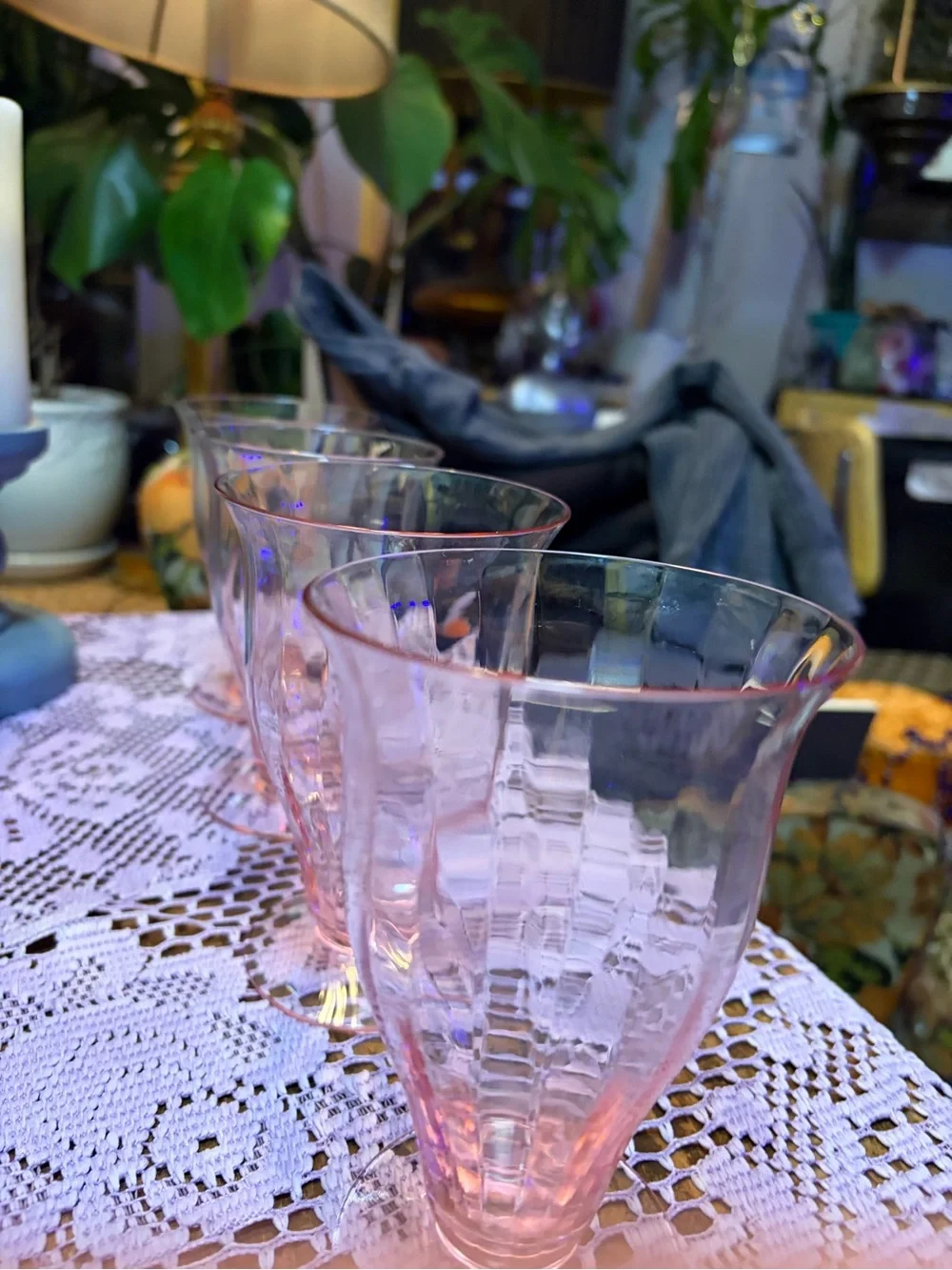 Vintage 1930s Pink Depression Glass Paneled Optic Footed Tumblers Set of 5 GLOWs